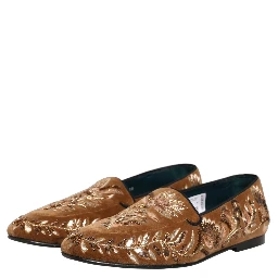 Brown Velvet Floral Embroidery Loafers Shoes