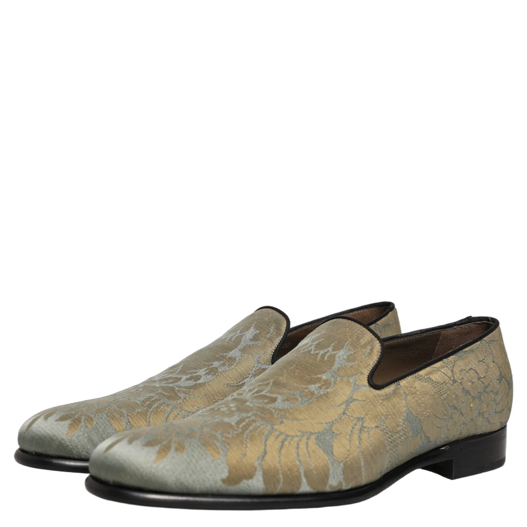 Gold Floral Jacquard Slip On Loafers Shoes
