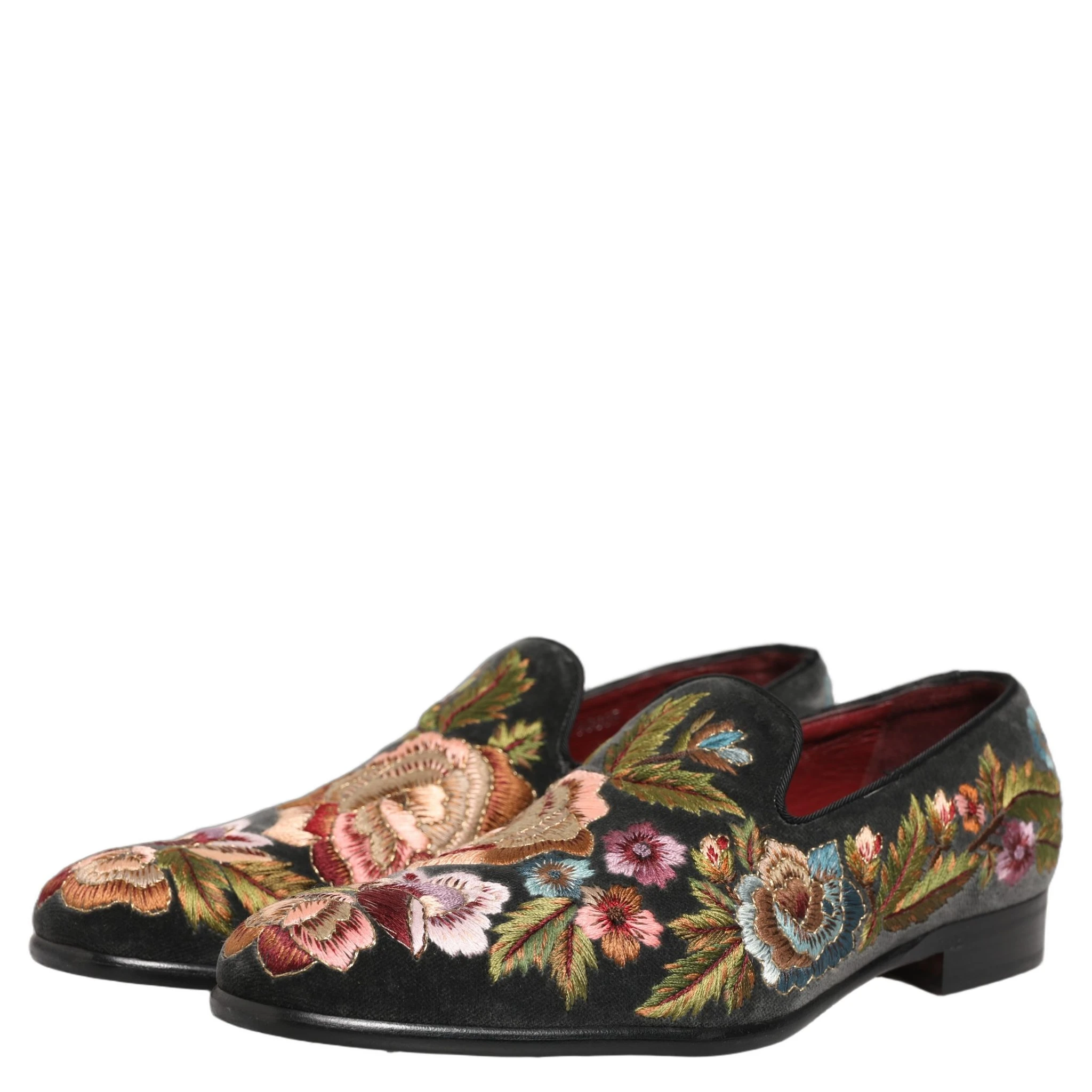 Black Velvet Floral Embroidery Loafers Shoes