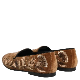 Brown Velvet Floral Embroidery Loafers Shoes