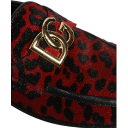 Red Leopard Print Pony Hair Dress Loafers Shoes
