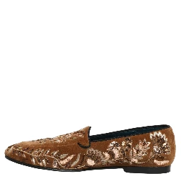 Brown Velvet Floral Embroidery Loafers Shoes