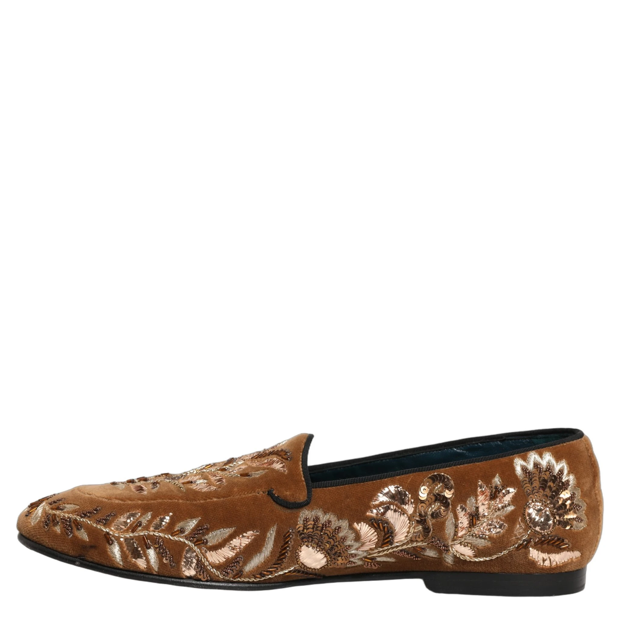Brown Velvet Floral Embroidery Loafers Shoes