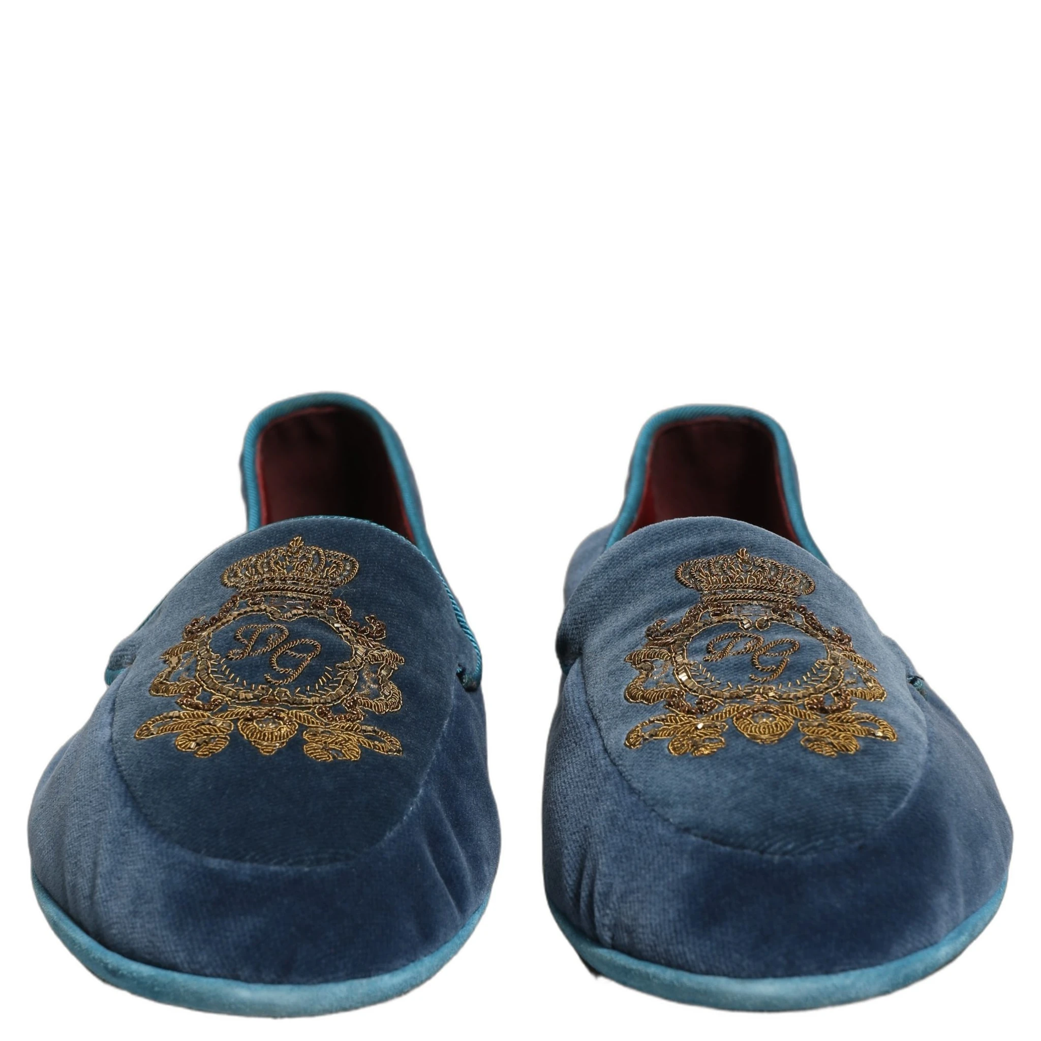 Blue Velvet Crown Embroidery Loafers Shoes