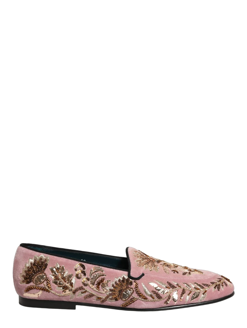 Pink Velvet Floral Embroidery Loafers Shoes