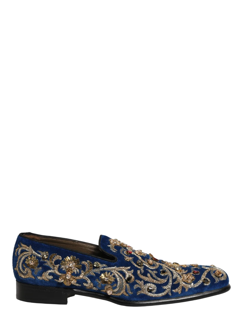 Blue Velvet Embellished Dress Loafers Shoes