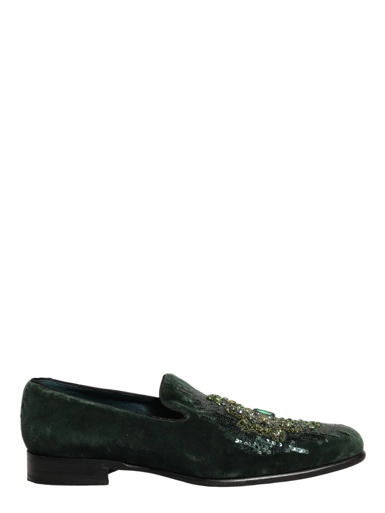 Green Velvet Embellished Dress Loafers Shoes