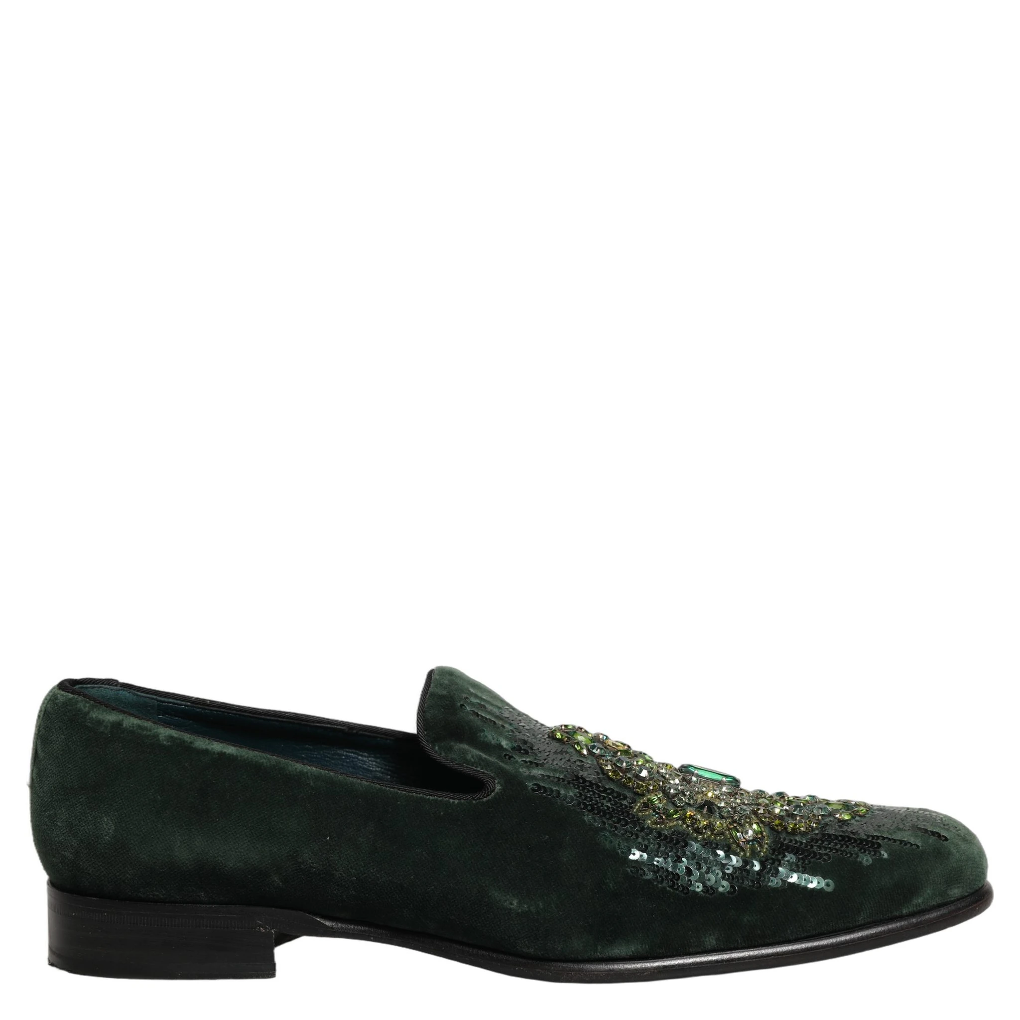 Green Velvet Embellished Dress Loafers Shoes