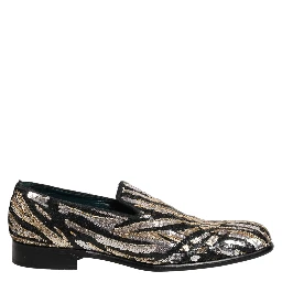 Gold Striped Sequin Embellished Loafer Shoes