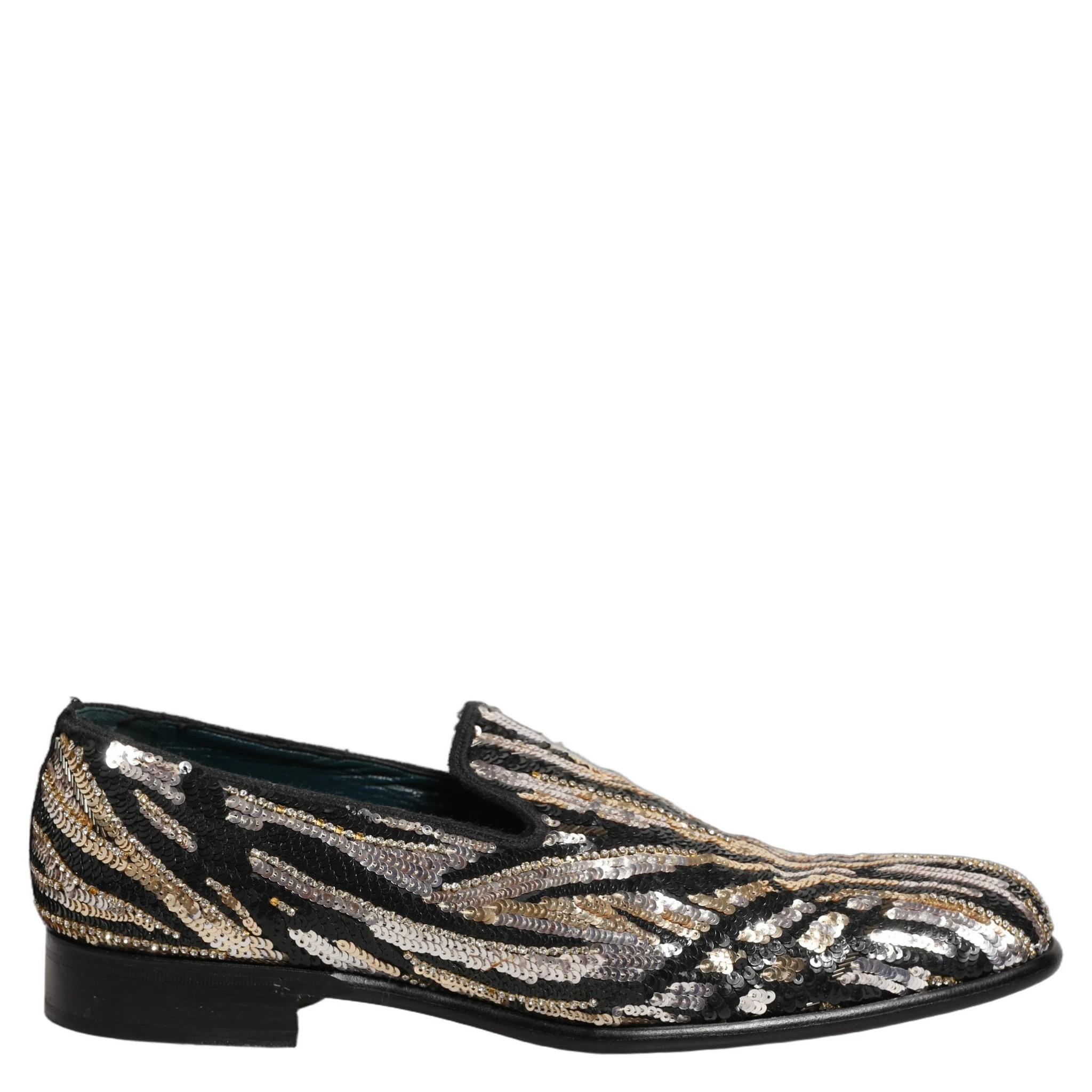Gold Striped Sequin Embellished Loafer Shoes