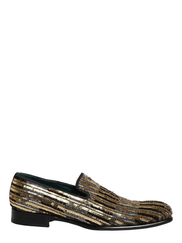 Gold Striped Sequin Embellished Loafer Shoes