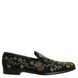 Green Floral Embroidery Dress Loafers Shoes