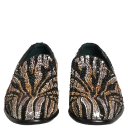 Gold Striped Sequin Embellished Loafer Shoes