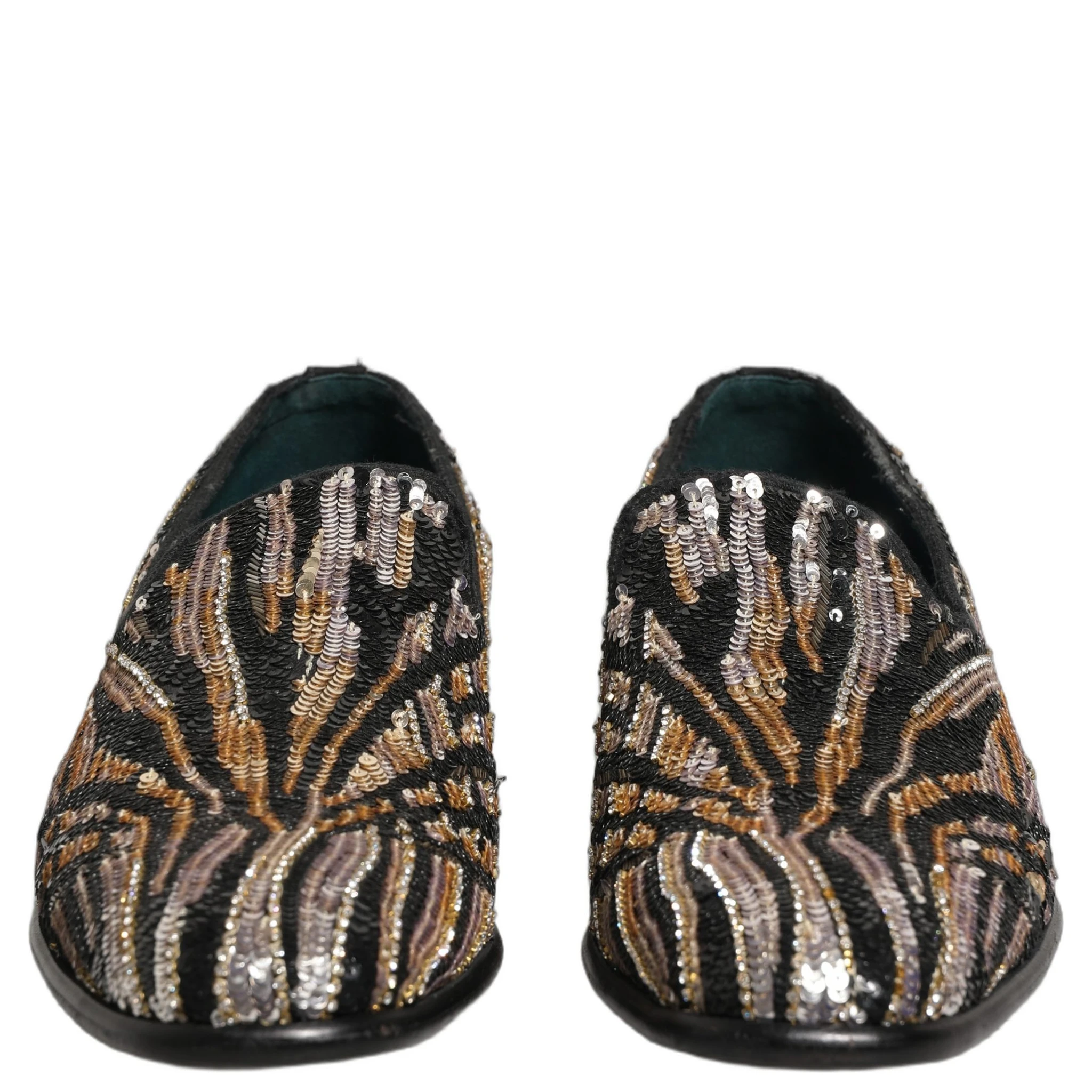 Gold Striped Sequin Embellished Loafer Shoes