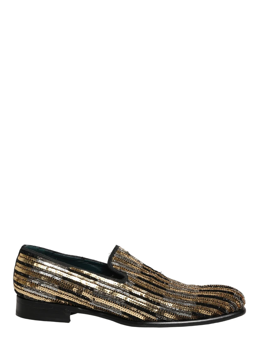 Gold Striped Sequin Embellished Loafer Shoes