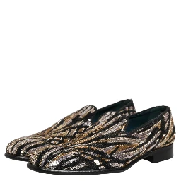 Gold Striped Sequin Embellished Loafer Shoes