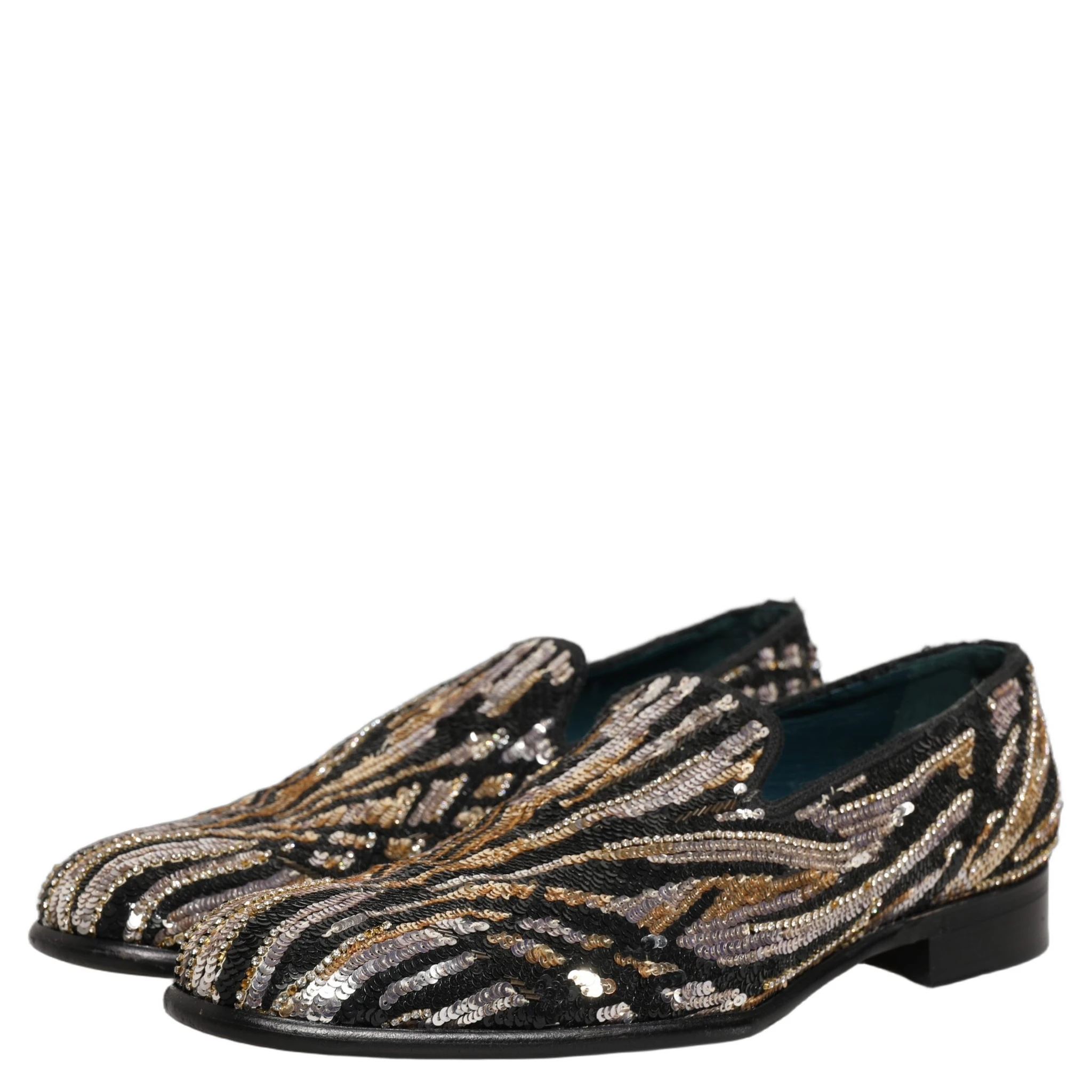 Gold Striped Sequin Embellished Loafer Shoes