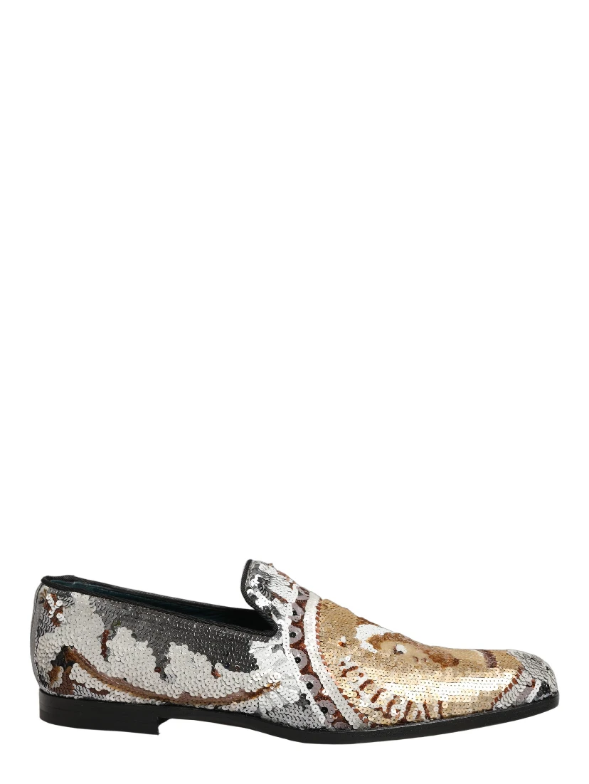 White Gold Sequined Slip On Loafers Shoes