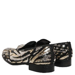 Gold Striped Sequin Embellished Loafer Shoes