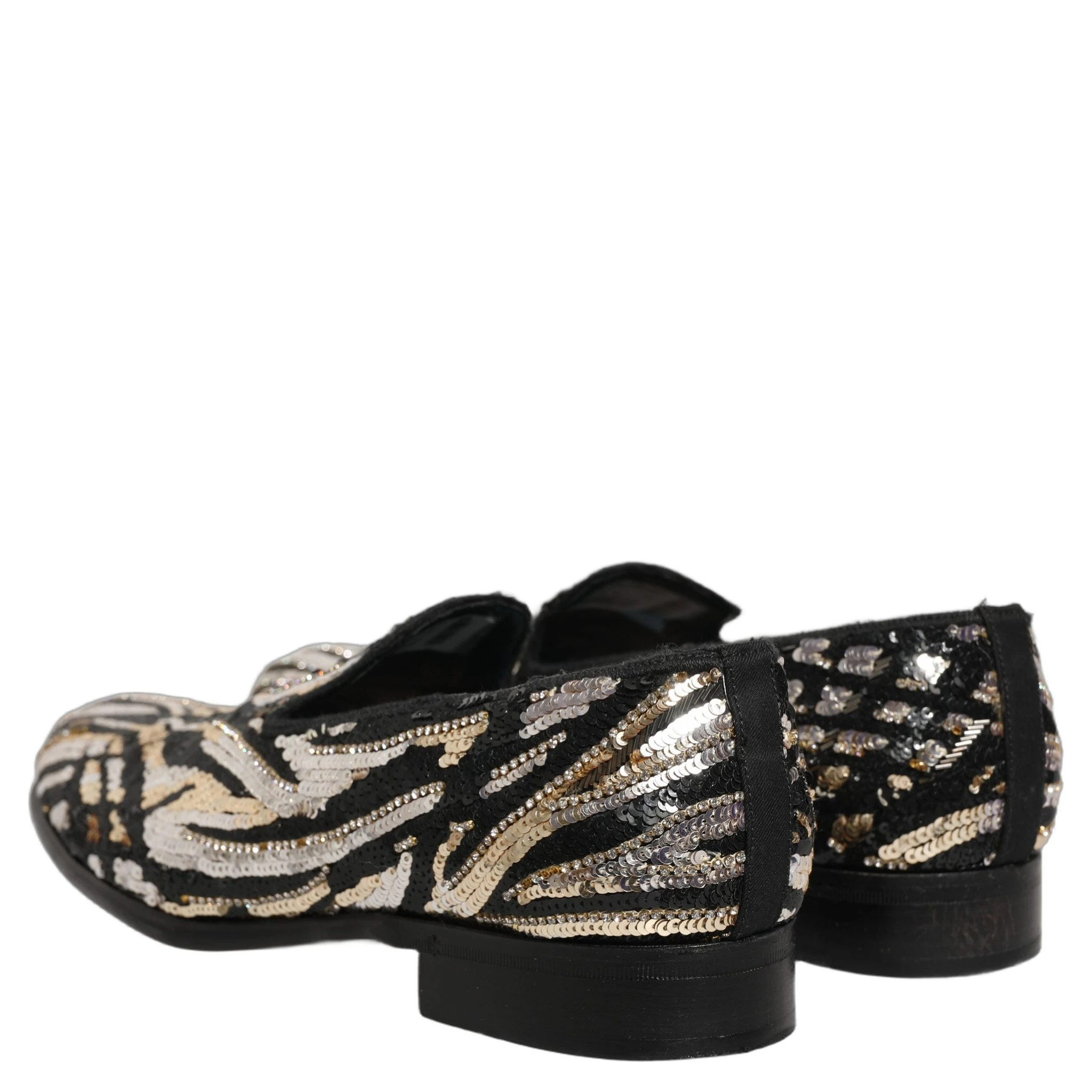 Gold Striped Sequin Embellished Loafer Shoes