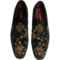 Green Floral Embroidery Dress Loafers Shoes