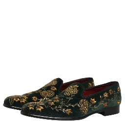 Green Floral Embroidery Dress Loafers Shoes