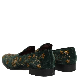 Green Floral Embroidery Dress Loafers Shoes