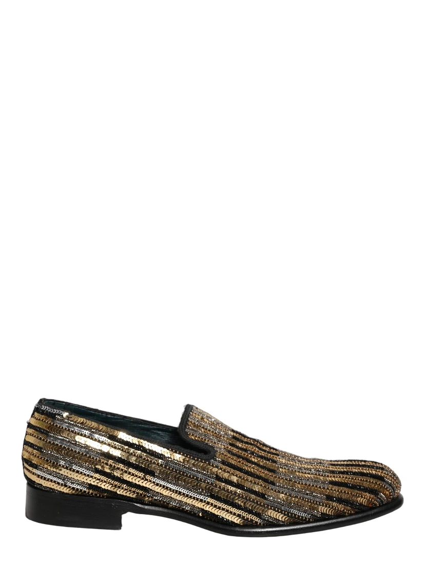 Gold Striped Sequin Embellished Loafer Shoes