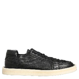 Black Leather Lace Up Low Top Sneakers Shoes