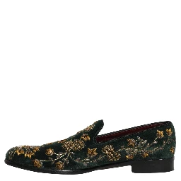 Green Floral Embroidery Dress Loafers Shoes