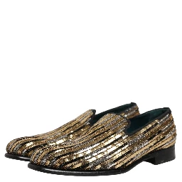 Gold Striped Sequin Embellished Loafer Shoes
