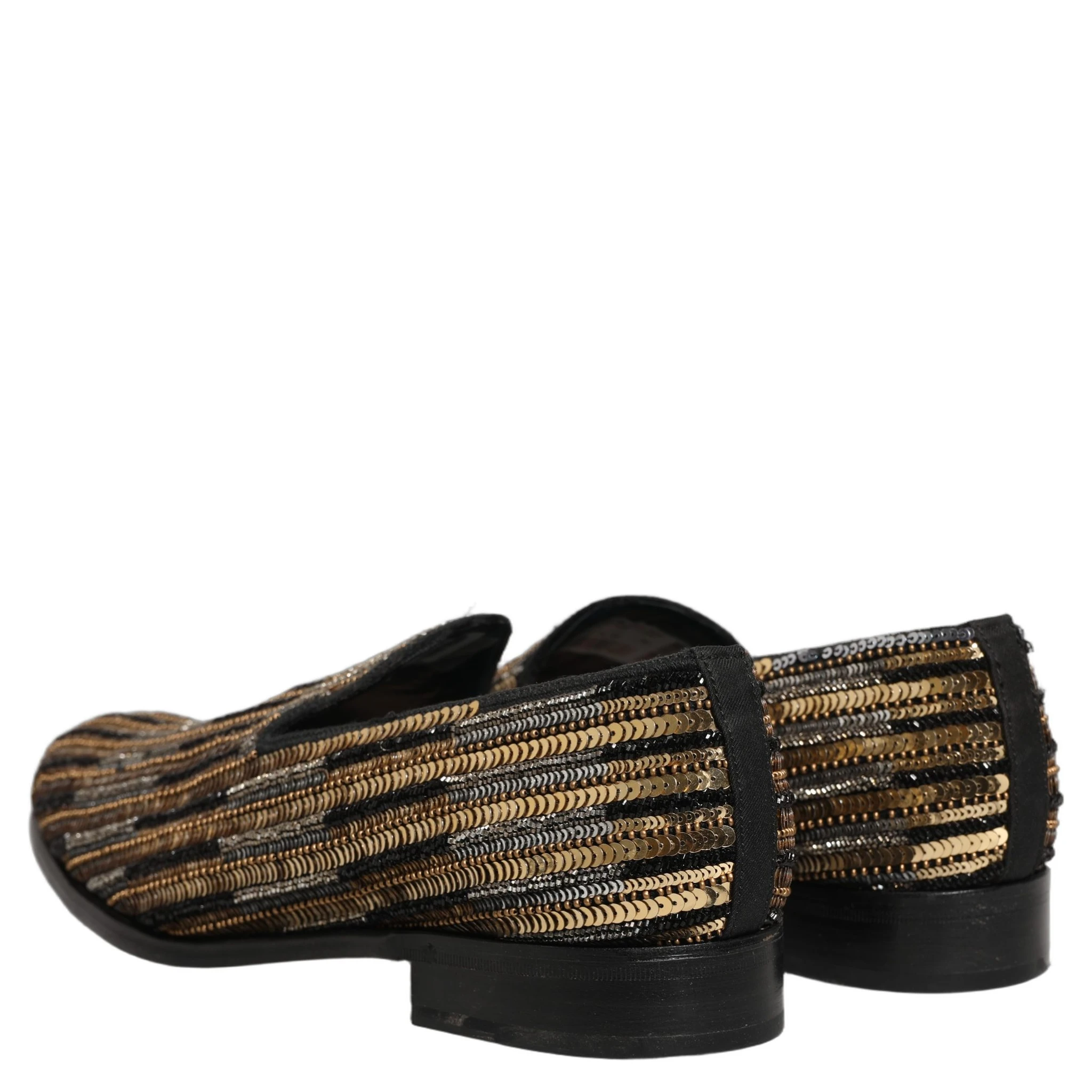 Gold Striped Sequin Embellished Loafer Shoes