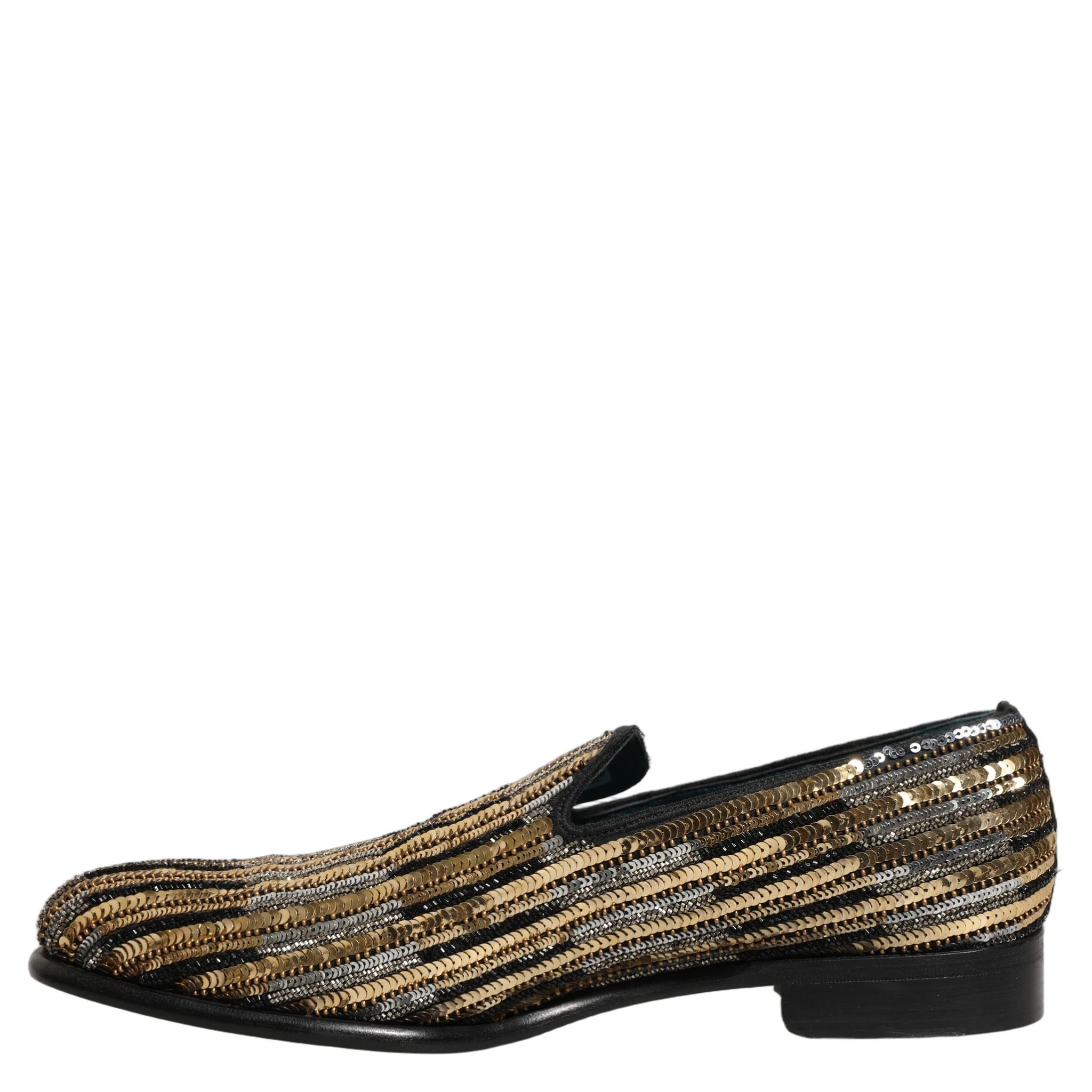 Gold Striped Sequin Embellished Loafer Shoes