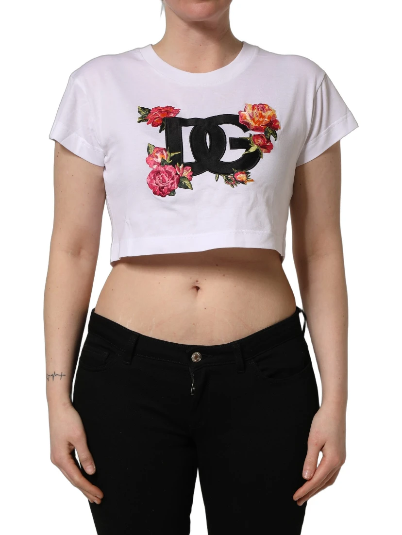 White DG Floral Cotton Jersey Crop T-shirt