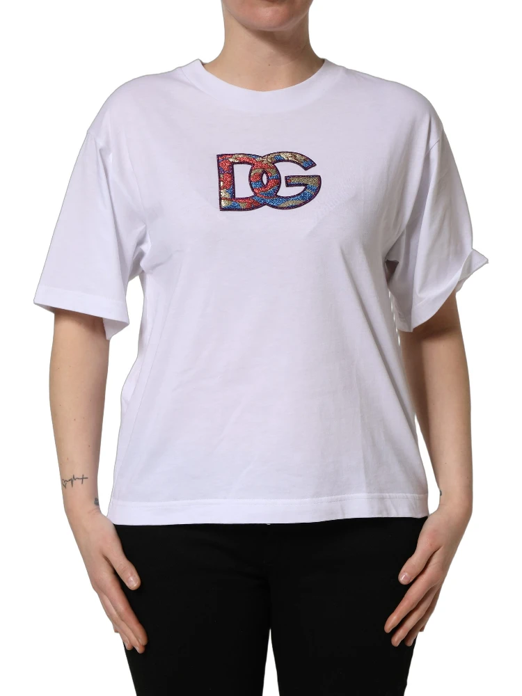 White Cotton DG Logo Patch Crew Neck T-shirt