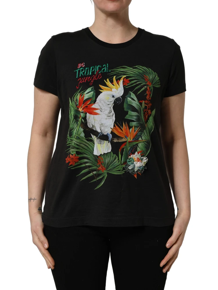 Black Tropical Jungle Round Neck T-shirt