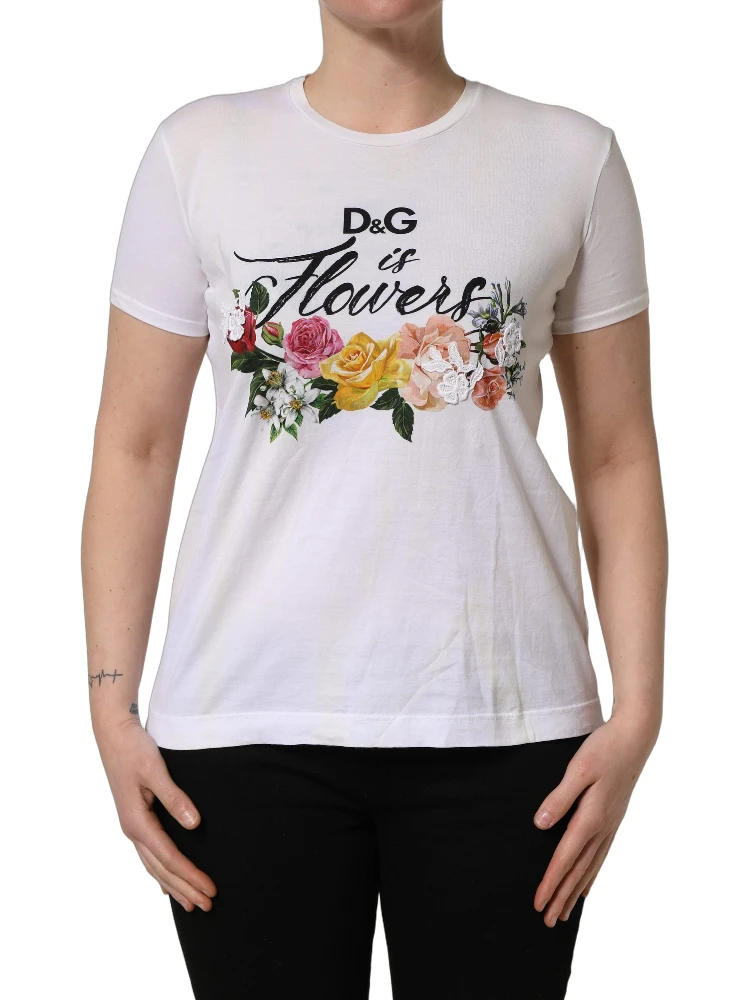White D&G is Flowers Print Round Neck T-shirt