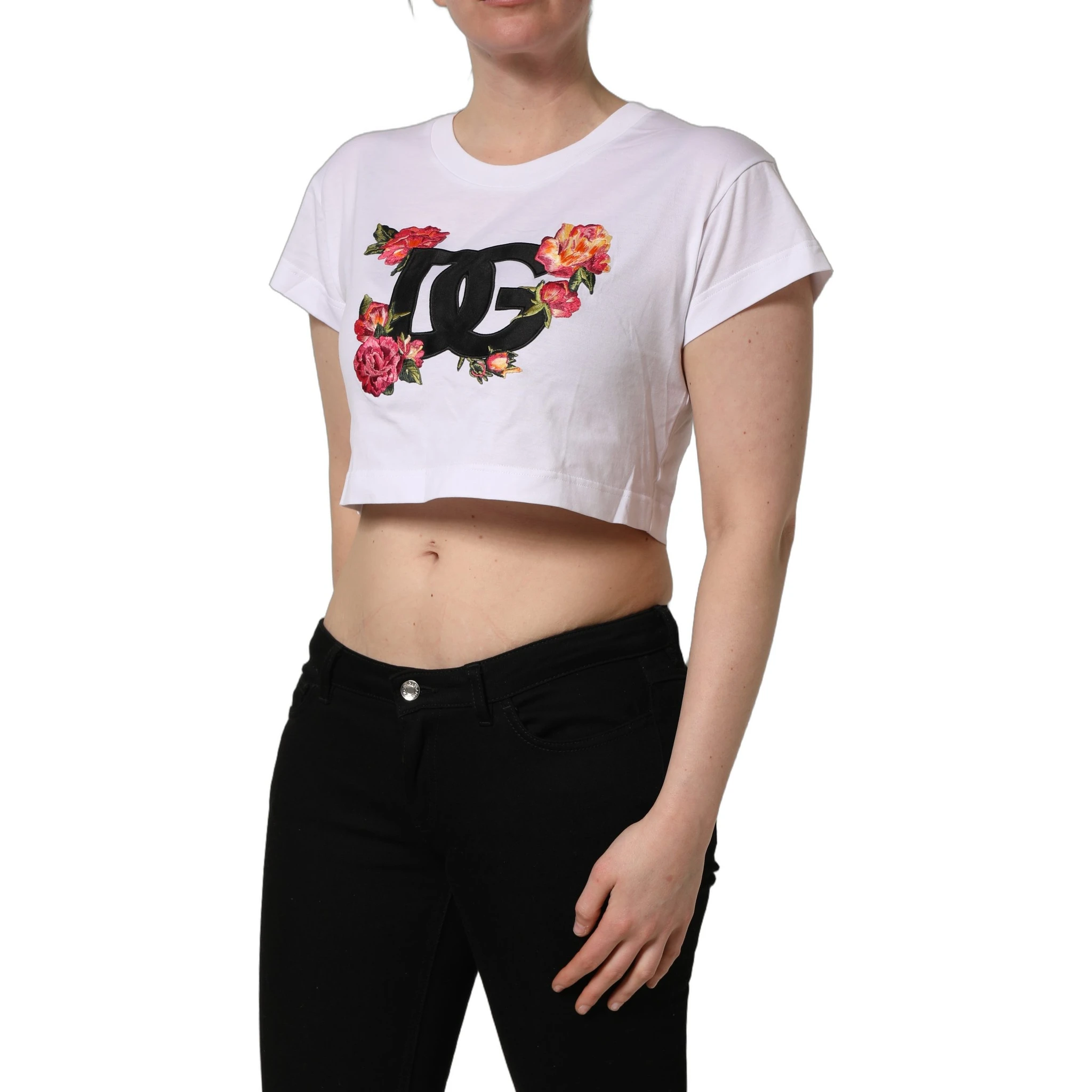 White DG Floral Cotton Jersey Crop T-shirt