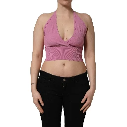Pink Halter Neck Fitted Cropped Tank Top