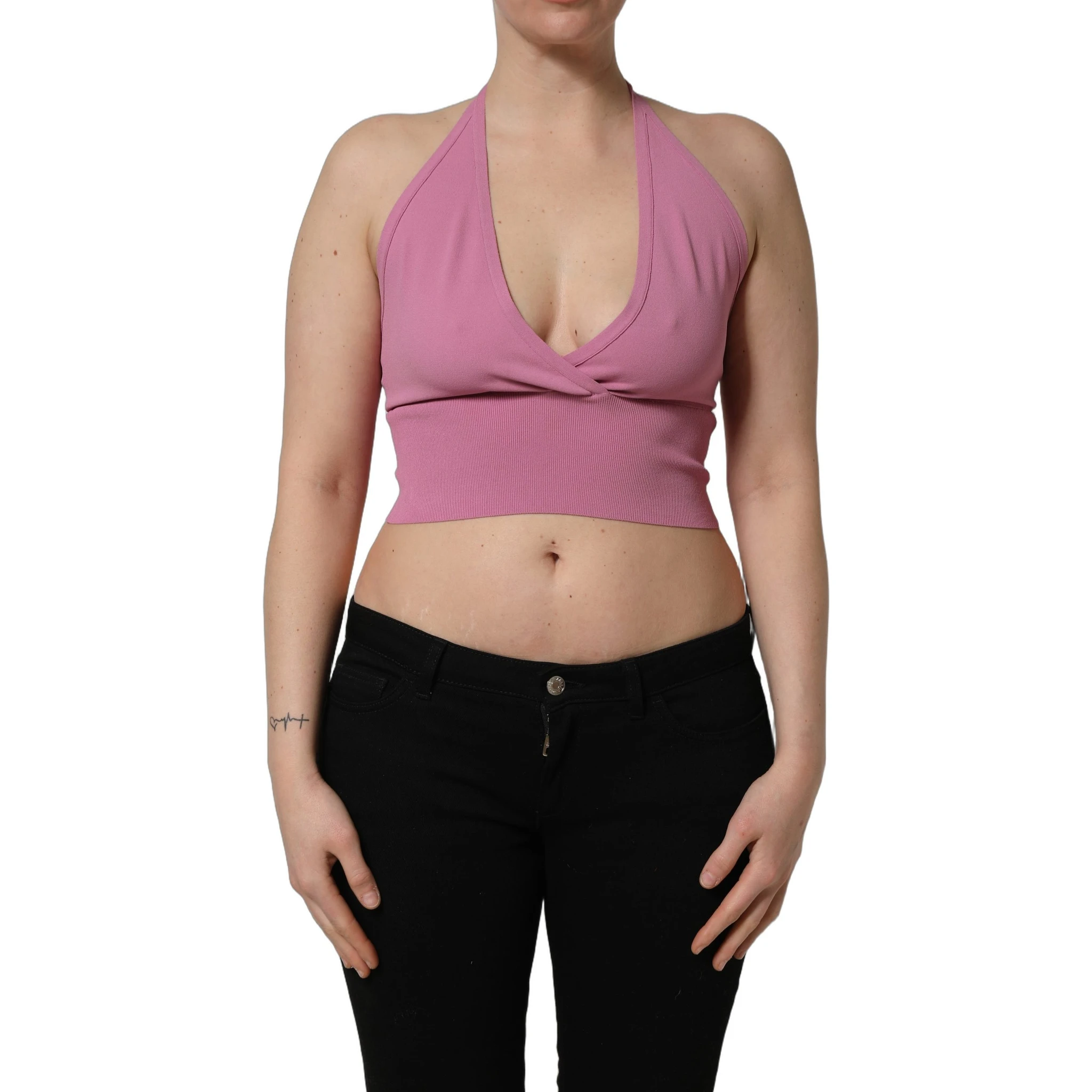 Pink Halter Neck Fitted Cropped Tank Top