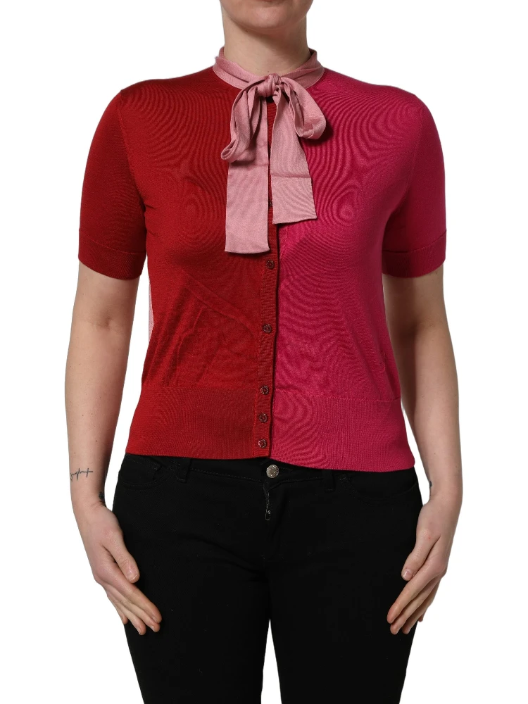Pink Short Sleeves Buttoned Ascot Collar Top alternative