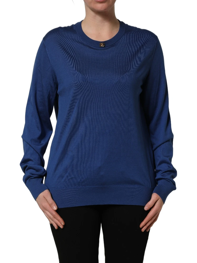 Blue Silk DG Logo Crew Neck Pullover Sweater