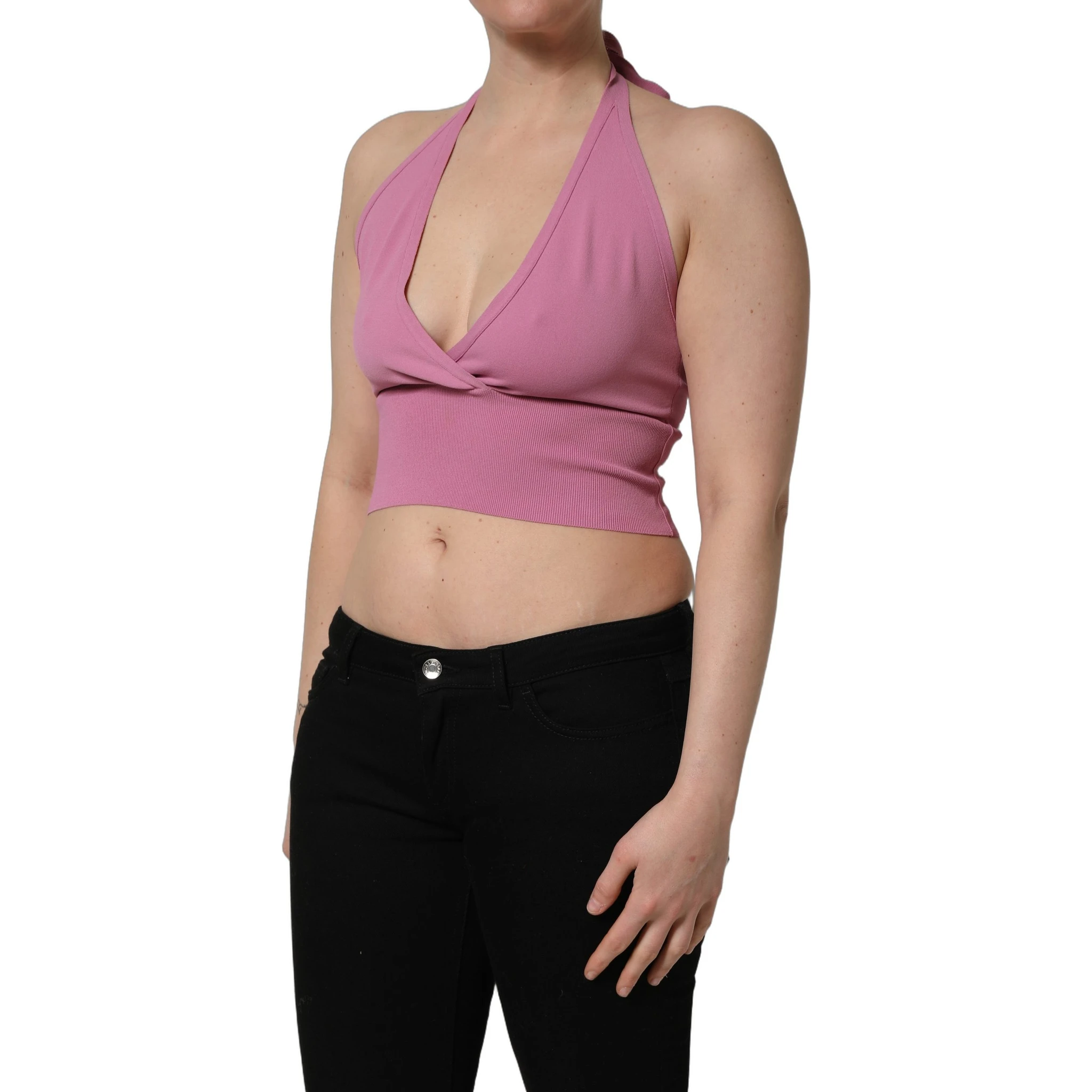 Pink Halter Neck Fitted Cropped Tank Top