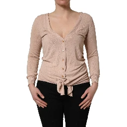 Beige Ribbed V-neck Front Tie Cardigan Sweater