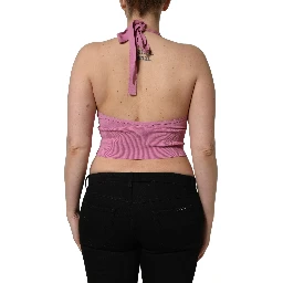 Pink Halter Neck Fitted Cropped Tank Top