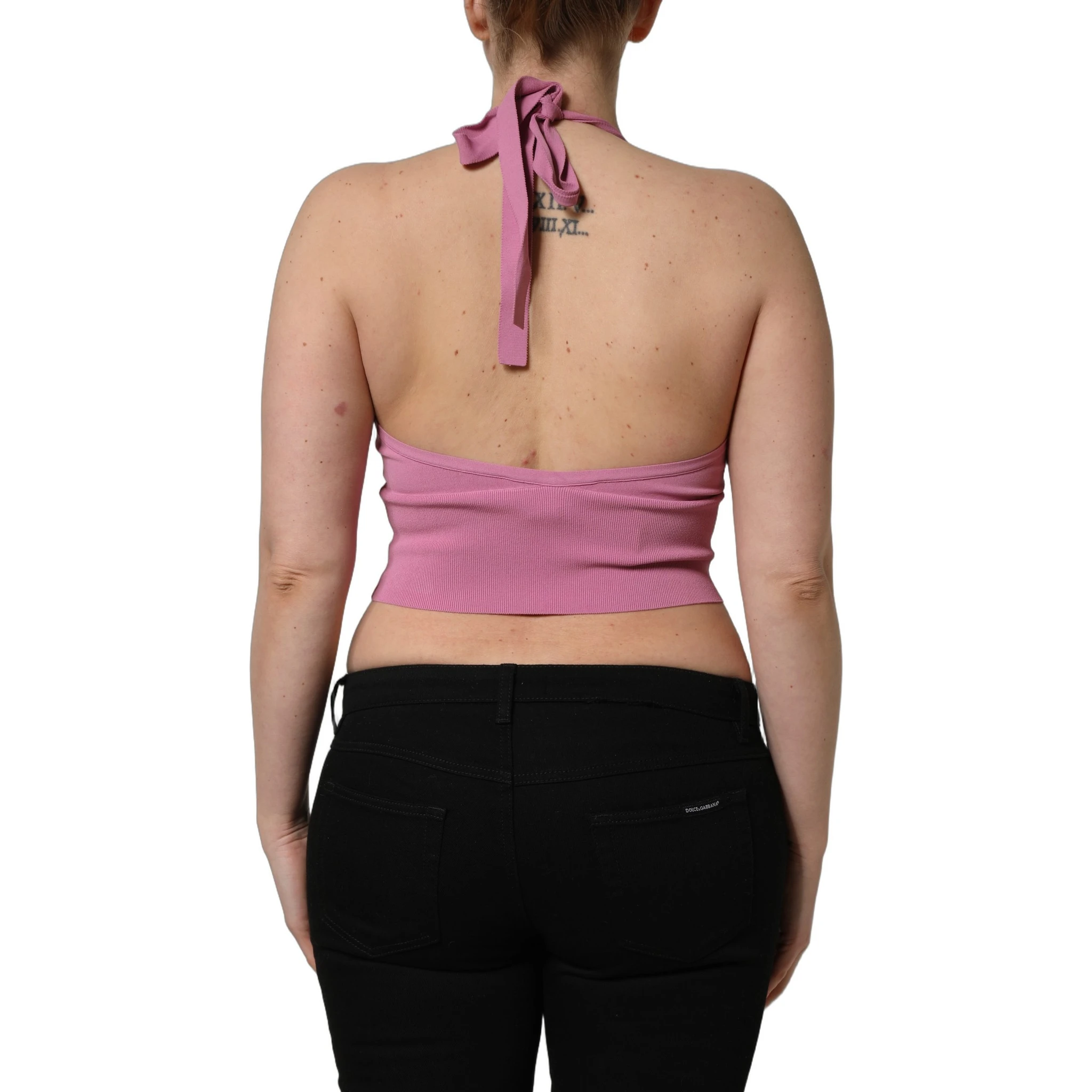 Pink Halter Neck Fitted Cropped Tank Top