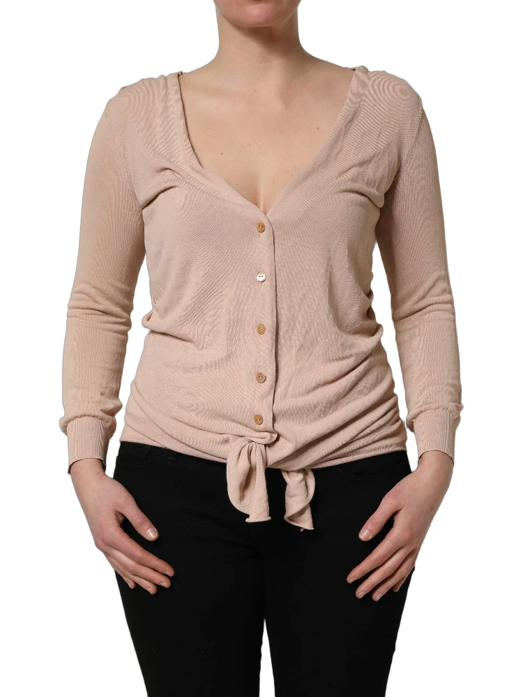 Beige Ribbed V-neck Front Tie Cardigan Sweater alternative