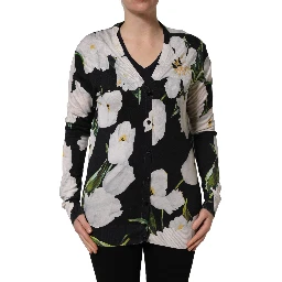 Black Floral Cashmere Silk Cardigan Sweater