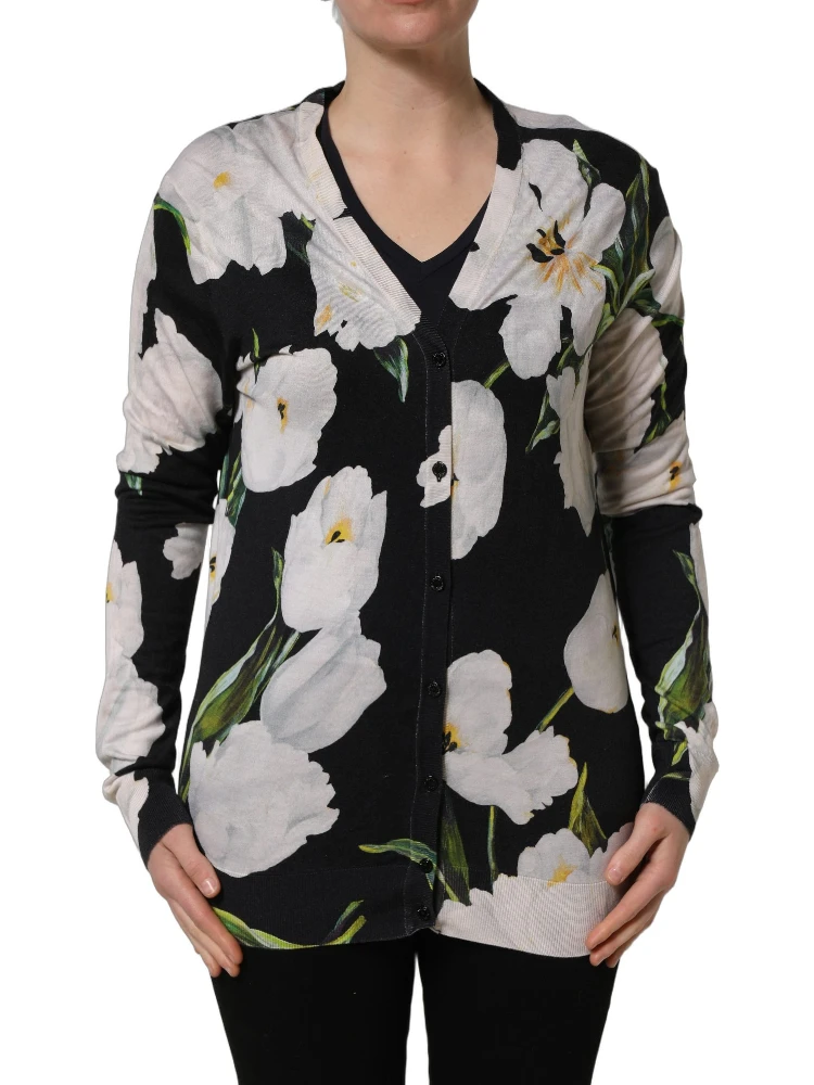 Black Floral Cashmere Silk Cardigan Sweater