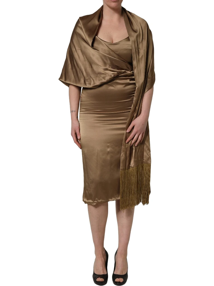 Bronze Toned Satin Fringe Hemmed Shawl Midi Dress